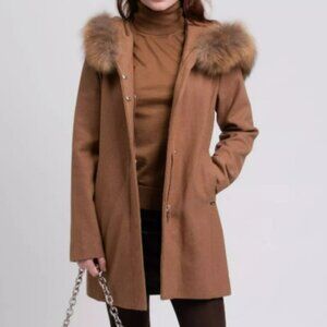 Liu Jo wool blend coat with natural fox fur trim hood